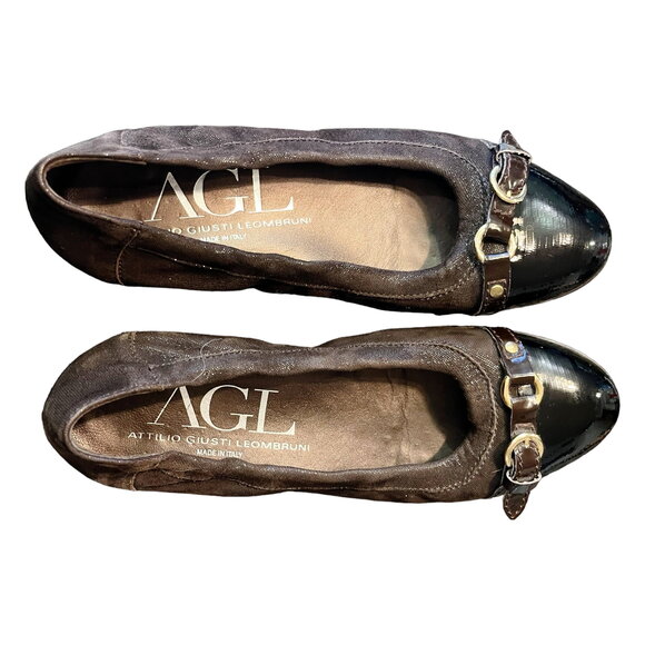 AGL Ballet Flats Brown Monika Cap Toe Suede Patent Leather Shoes Buckle 36 EUC - Picture 11 of 11